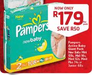 Pampers Active Baby Giant Pack New Baby Mini 108's/Midi 96's/Maxi 82's/Maxi+ 74's/Junior 68's Each