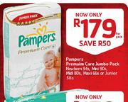Pampers Premuim Care Jumbo Pack Newborn-94's/Mini-90's/Midi-80's/Maxi-66's/Junior-56's Per Pack
