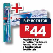Aquafresh High Definition Toothpaste Assorted-100ml & A Aquafresh Buzz Toothbrush