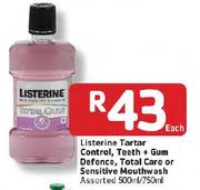 Listerine Tartar Control, Teeth+Gum Defence, Total Care Or Sensitive Mouthwash-500ml/750ml Each