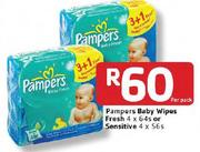 Pampers Baby Wipes Fresh-4X64's Or Sensitive-4X56's Per Pack