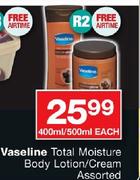 Vaseline Total Moisture Body Lotion/Cream Assorted-400/500ml Each