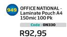 Office Natinal Laminate Pouch A4 140mic 100PK(ON330)