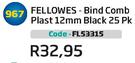 Fellowes Bind Comb Plast 12mm Black 25Pk(FL53315)