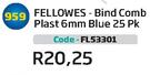 Fellowes Bind Comb Plast 6mm Blue 25Pk(FL53301)