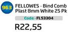Fellowes Bind Comb Plast 8mm White 25Pk(FL53304)