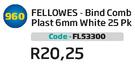 Fellowes Bind Comb Plast 6mm White 25Pk(FL53300)