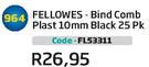 Fellowes Bind Comb Plast 10mm Black 25Pk(FL53311)