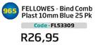 Fellowes Bind Comb Plast 10mm Blue 25Pk(FL53309)
