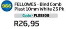 Fellowes Bind Comb Plast 10mm White 25Pk(FL53308)