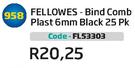Fellowes Bind Comb Plast 6mm Black 25Pk(FL53303)