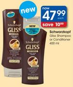 Schwarzkopf Gliss Shampoo or Conditioner-400ml Each