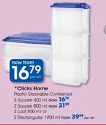Clicks Home Plastic Stackable Containers 2 Loaf-800ml Or 2 Rectangular-1900m Per Set