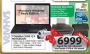 Sahara Toshiba Core i3 II Notebook + Built-in Webcam + Notebook Bag + Colour Printer + Camcorder