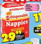 Ritebrand Disposable Nappies Small-23's/Medium-18's/Large-15's/X-Large-14's Per Pack Each