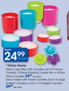 Clicks Home Glass Holder With Flower Candles,Set Of 4 Large Tealight Candles Or Set Of 12 Tealight C