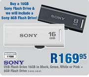 Sony 16GB USB Flash Drive In Black,Green, White Or Pink + 8GB Flash Drive
