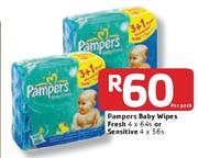 Pampers Baby Wipes Fresh-4 x 64's/Sensitive-4 x 56's Per Pack