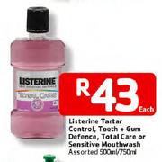 Listerine Tartar Control,Teeth + Gum Defence, Total Care Or Sensitive Mouthwash Assorted-500ml/750ml