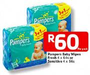 Pampers Baby Wipes Fresh-4 x 64's Or Sensitive-4 x 56's Per Pack