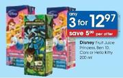 Disney Fruit Juice Princess Ben 10, Cars Or Hello Kitty-3x200ml