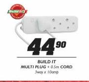 Build It Multi Plug + 0.5m Cord-3 way x 10amp