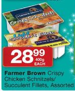 Farmer Brown Crispy Chicken Schnitzels Succulent Fillets Assorted-400g Each