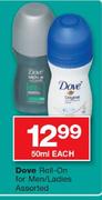 Dove Roll-On For Men/Ladies Assorted-50ml Each