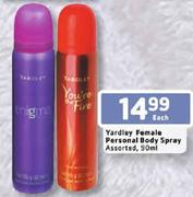 Yardley Female Personal Body Spray Assorted-90Ml