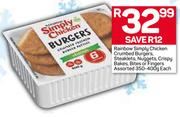 Rainbow Simply Chicken Crumbed Burgers,Steaklets,Nuggets,Crispy Bakes,Bites Or Fingers 350/400g Each