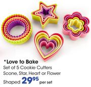 Love To Bake Set Of 5 Cookie Cutters Scone, Star, Heart Or Flower Shaped-Per Set