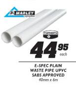 Marley E-Spec Plain Waste Pipe Upvc Sabs Approved-40mmx6m