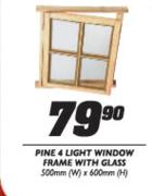 Pine 4 Light Window Frame with Glass(500(W) x 600(H)mm)