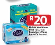 Lil-Lets Maxi Value Pack 16's/20s Or Pantyliners Value Pack-40s Each