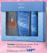 Yardley Lace Eau De Toilette 15ml Perfumed Body Spray-90ml & Body Lotion-250ml