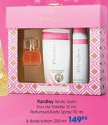 Yardley White Satin Eau De Toilette 15ml, Perfumed Body Spray 90ml & Body Lotion-250ml