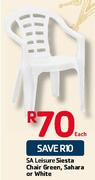SA Leisure Siesta Chair Green, Sahara Or White-Each