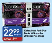 Kotex Maxi Pads Duo Packs 16 Normal Or 20 Super plus Wings-Per Pack
