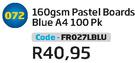 160gsm Pastel Boards Blue A4 100 PK FR027LBLU