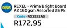 Rexel Prima Bright Board A2 160gsm Assorted 25 PK RX1222AS