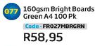 160gsm Bright Boards Green A4 100 PK FR027MBRGRN