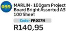 Marlin 160gsm Project Board Bright Assorted A3 100 Sheet FR027N