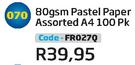 80gsm Pastel Paper Assorted A4 100 PK FR027Q