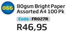 80gsm Bright Paper Assorted A4 100 PK FR027R