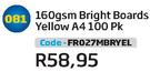 160gsm Bright Boards Yellow A4 100 PK FR027MBRYEL