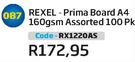 Rexel Prima Board A4 160gsm Assorted 100 PK RX1220AS