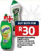 Sunlight Dishwashing Liquid Assorted-750ml And Handy Andy All Purpose Cream-750ml