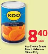 Koo Choice Grade Peach Halves Or Slices-410g