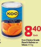 Koo Choice Grade Peach Halves Or Slices-410g