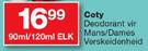Coty Deodorant Vir Mans/Dames Verskeidenheid-90/120ml Each